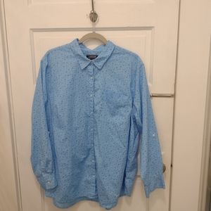 Lands' End Women's Light Blue Tiny Floral Button-Up Long-Sleeve 2X (20W/22W)